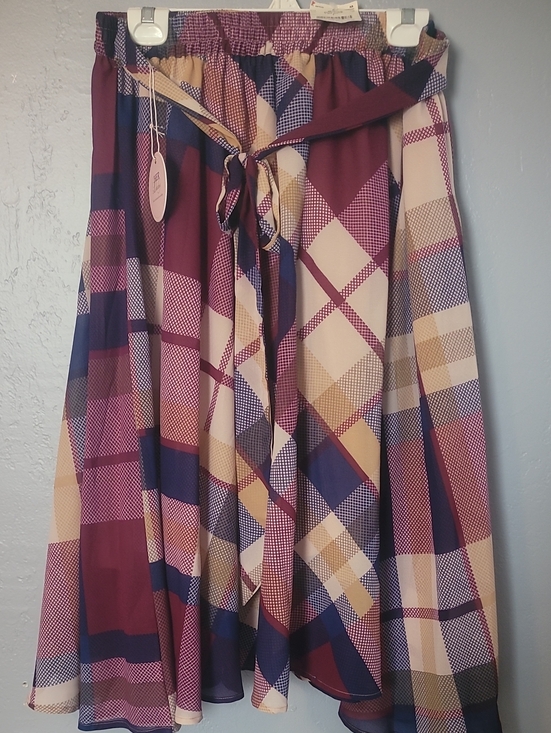Her Destiny Dresses & Skirts - Plaid Circle Skirt with Tie Waist - Navy, Burgundy & Cream